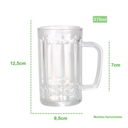 Kit Com 12 Caneca De Chopp Vidro Resistente Alto Relevo Clássico Copo Cerveja Bar C/ Alça 375ml - Lehaví Imagem de Kit Com 12 Caneca De Chopp Vidro Resistente Alto Relevo Clássico Copo Cerveja Bar C/ Alça 375ml