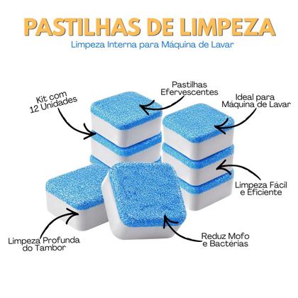 Imagem de Kit com 12 Pastilhas de Limpeza Interna Eficaz Para Máquina de Lavar Elimina Resíduos e Odor Higiene