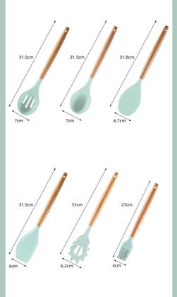 Imagem de Kit com 12 peças Utensílios de Cozinha Silicone e Cabo de Madeira Bambu Jogo BPA FREE Espátula Colher Concha VERDE