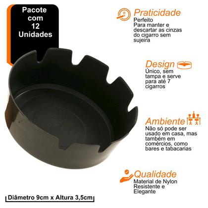 Imagem de Kit com 12 unidade cinzeiros pretos de plastico resistente