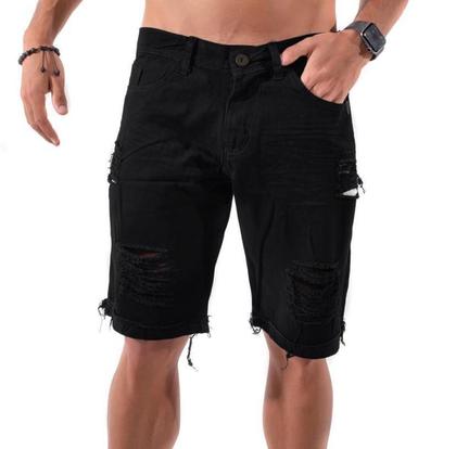 Imagem de Kit com 2 bermudas shorts jeans masculina slim rasgado preto/branco modelo ( destroyed )