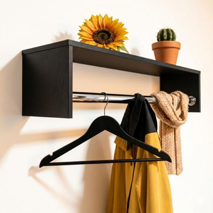 Imagem de Kit Com 2 Cabideiros Preto Arara Closet Quarto Com Prateleira Roupa Mdf Multiuso Moderno  ALBERGONI