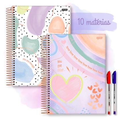 Imagem de KIT com 2 Cadernos Universitário 10 Matérias Feminino Lacreme Jandaia Capa Dura Espiral Menina Tons Pastés  2 Canetas Esferográficas da marca Joccar