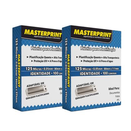 Imagem de Kit com 2 Caixas Plástico Plastificação Masterprint 125 Micras 80x111mm  100 Folhas Identidade Cartão Documentos