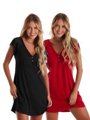 Imagem de Kit com 2 Camisolas Confortáveis em Viscose com Detalhes em Renda Estilo Camiseta Amamentação Maternidade Noite Dormir