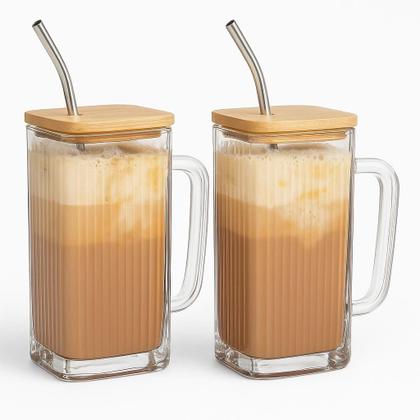 Imagem de Kit com 2 Canecas de Vidro Hauskraft com Tampa de Bambu e Canudo  Estilo, Sustentabilidade