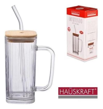 Imagem de Kit com 2 Canecas de Vidro Hauskraft com Tampa de Bambu e Canudo  Estilo, Sustentabilidade