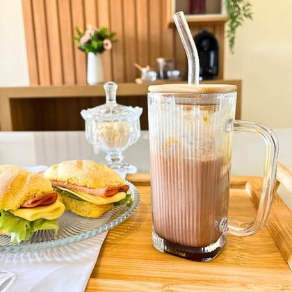 Imagem de Kit com 2 Canecas de Vidro Hauskraft com Tampa de Bambu e Canudo  Estilo, Sustentabilidade