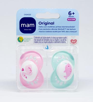 Imagem de Kit com 2 Chupetas Original MAM 6+m Menina Rosa + Estojo