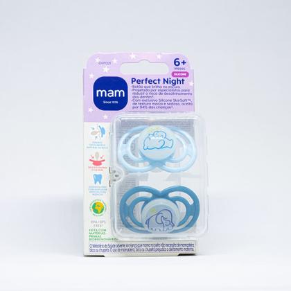 Imagem de Kit com 2 Chupetas Perfect Night MAM 6+ meses Azul + Estojo