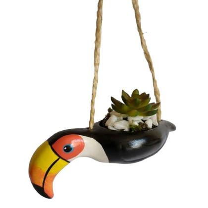 Imagem de Kit com 2 Enfeites Tucano Cachepô de Pendurar Cerâmica Vaso