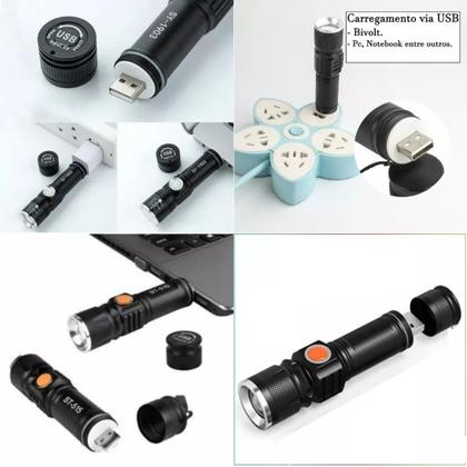 Imagem de Kit Com 2 Lanterna Tática Potente T6 Led Longo Alcance Recarregável Usb Zoom