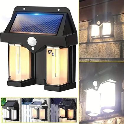 Imagem de Kit com 2 Luminárias Solar Jardim 2 Leds 600x Branco Quente Ambar Spot Parede Com Sensor Movimento Arandela