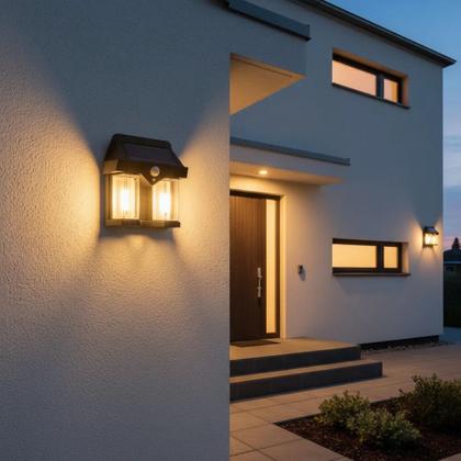 Imagem de Kit com 2 Luminárias Solar Jardim 2 Leds 600x Branco Quente Ambar Spot Parede Com Sensor Movimento Arandela