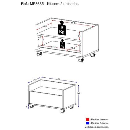 Imagem de Kit com 2 Mesas de Cabeceira 60cm com Rodízios Branca