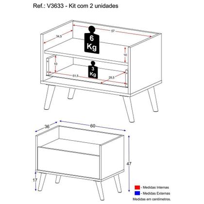 Imagem de Kit Com 2 Mesas De Cabeceira 60Cm Retrô Multimóveis V3633 Branca Branco