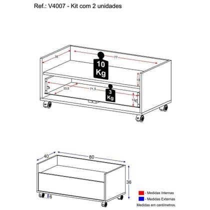 Imagem de Kit Com 2 Mesas De Cabeceira 80Cm Com Rodízios Multimóveis V4007 Branca Branco