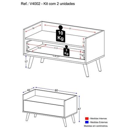 Imagem de Kit Com 2 Mesas De Cabeceira 80Cm Retrô Multimóveis V4002 Rustic/Branca Rustic/Branco