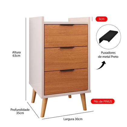 Imagem de Kit Com 2 Mesas De Cabeceira Retrô Mesinha Decorativa Quarto Casal - Toni 3 Gavetas - Off White Com Cinamomo - K7 Plus