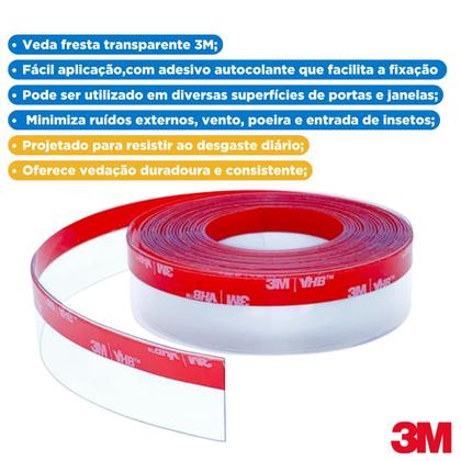 Imagem de Kit Com 2 Metros Fita Adesiva Veda Fresta Transparente Porta Janelas Vedação Incolor 3m