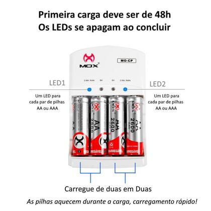 Imagem de Kit com 2 Pilhas AA Normal e 2 Pilhas Palito Recarregáveis + Carregador MOX