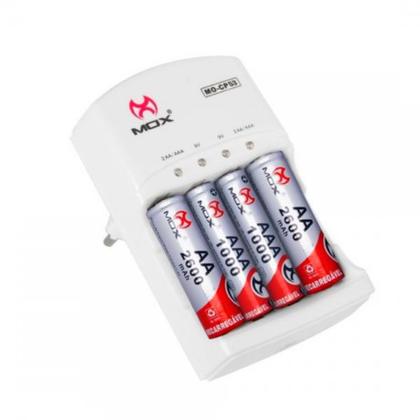 Imagem de Kit com 2 Pilhas AA Normal e 2 Pilhas Palito Recarregáveis + Carregador MOX