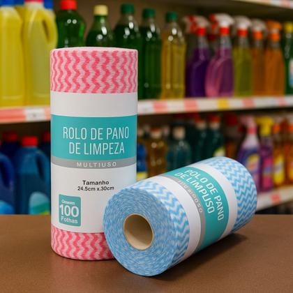 Imagem de Kit com 2 Rolos de Pano de Limpeza Multiuso 100 Folhas Cada Azul ,Verde ou VermelhoReutilizável Absorvente e Econômico