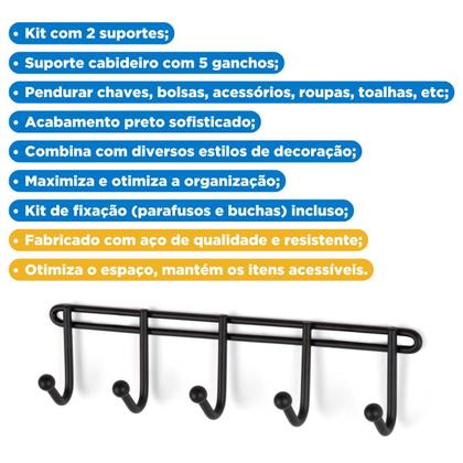 Imagem de Kit Com 2 Suporte 5 Ganchos Cabideiro De Parede Preto Pendurar Chaveiro 