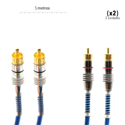 Imagem de Kit com 2 unidades Cabo Rca Blindado 5 Metros Azul Dupla Blindagem Tech One