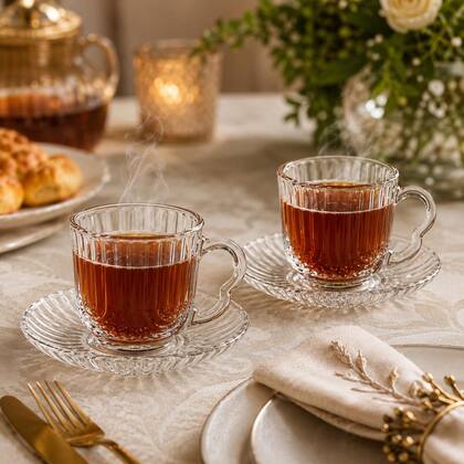Imagem de Kit com 2 xícaras de café com pires em vidro transparente canelado, ideal para servir com elegância