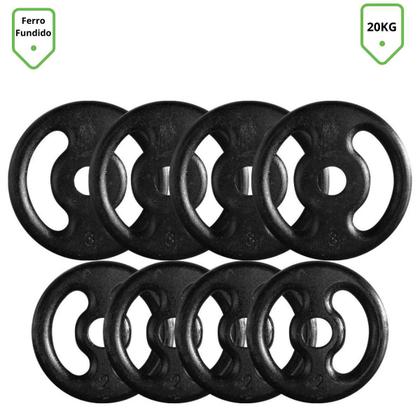 Imagem de Kit com 20 Kg de Anilhas Ferro Fundido + Barras de Supino e Halteres