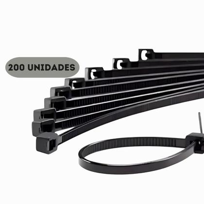 Imagem de Kit com 200 Abraçadeiras de Nylon 20cm x 7,6mm Preta  Uso Profissional, Automotivo, Doméstico  Alta Resistência e Proteção UV