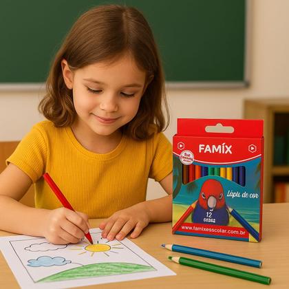 Imagem de Kit com 24 Lápis de Cor 12 Cores Mini Meio Pequeno Famix Material Escolar