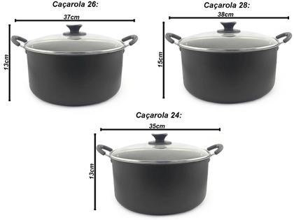 Imagem de Kit com 3 Caçarolas Dona Chefa Anti Aderente Tampa de Vidro 24cm 26cm 28cm