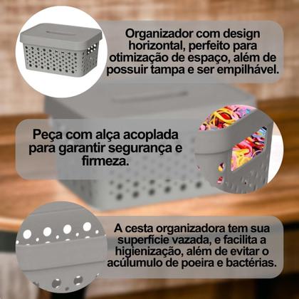 Imagem de Kit com 3 Caixa organizadora com tampa 2 litros armazenamento Objetos Roupas Multiuso Empilhavel Armário Cesto