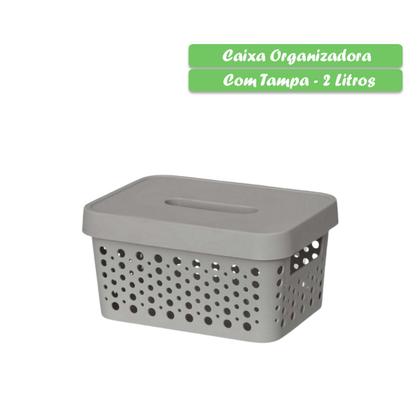 Imagem de Kit com 3 Caixa organizadora com tampa 2 litros armazenamento Objetos Roupas Multiuso Empilhavel Armário Cesto