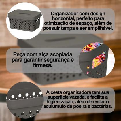 Imagem de Kit com 3 Caixa organizadora com tampa 2 litros armazenamento Objetos Roupas Multiuso Empilhavel Armário Cesto