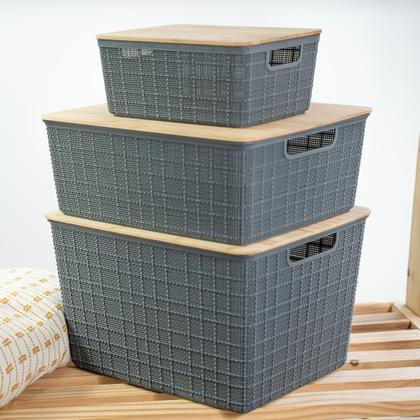 Imagem de Kit com 3 Caixas Organizadoras com Tampa de Bambu P, M e G - Oikos