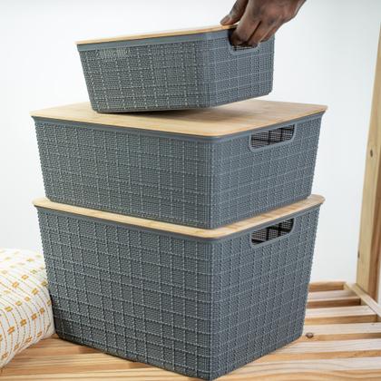 Imagem de Kit com 3 Caixas Organizadoras com Tampa de Bambu P, M e G - Oikos