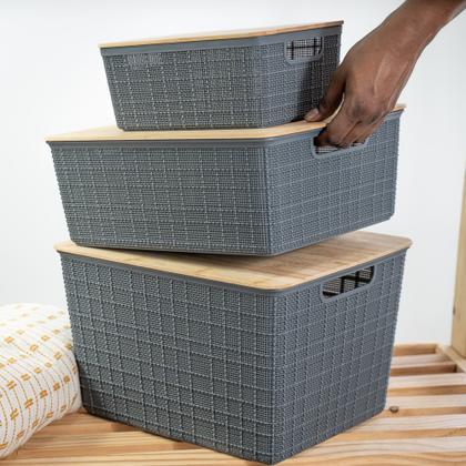 Imagem de Kit com 3 Caixas Organizadoras com Tampa de Bambu P, M e G - Oikos