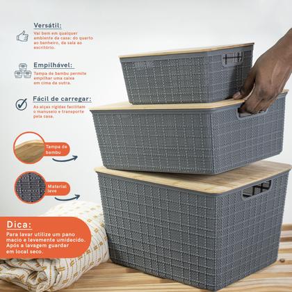 Imagem de Kit com 3 Caixas Organizadoras com Tampa de Bambu P, M e G - Oikos