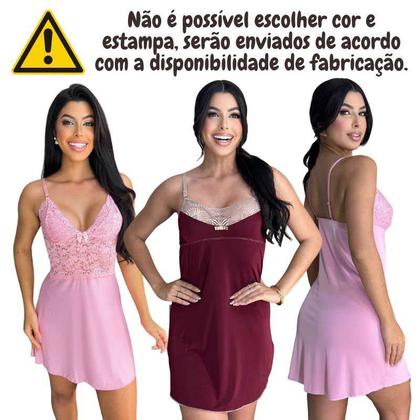 Imagem de Kit Com 3 Camisolas Pijama Feminino Com Renda E Alça Regulável MadameX