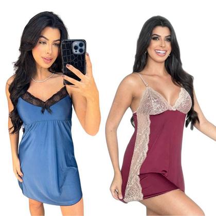 Imagem de Kit Com 3 Camisolas Pijama Feminino Com Renda E Alça Regulável MadameX