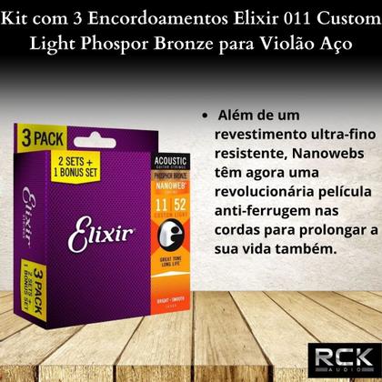 Imagem de Kit com 3 Encordoamentos Elixir 011 Custom Light Phospor Bronze para Violão Aço