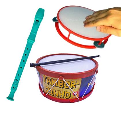 Imagem de Kit Com 3 Instrumentos Musicais Para Crianças Pandeiro Flauta e Tamborzinho Brinquedo Infantil Tambor Colorido