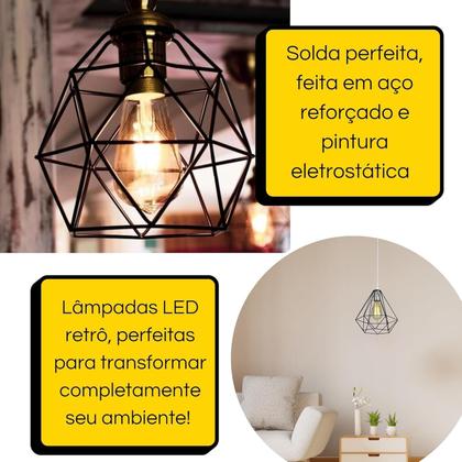 Imagem de Kit Com 3 Luminárias Pendente Tipo Diamante Aço Modelo Teto (Preto)