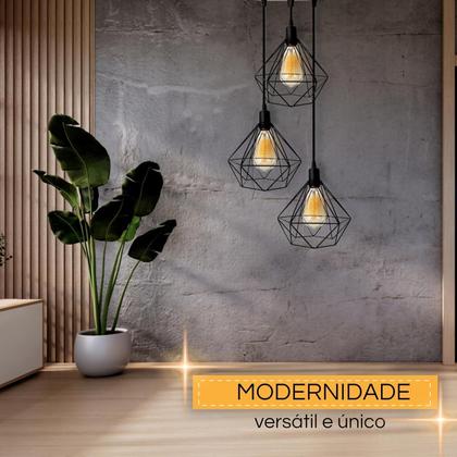 Imagem de Kit Com 3 Luminárias Pendente Tipo Diamante Aço Modelo Teto (Preto)