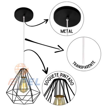 Imagem de Kit Com 3 Luminárias Pendente Tipo Diamante Aço Modelo Teto (Preto)