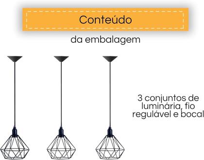 Imagem de Kit Com 3 Luminárias Pendente Tipo Diamante Aço Modelo Teto (Preto)