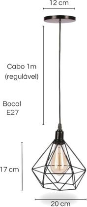 Imagem de Kit Com 3 Luminárias Pendente Tipo Diamante Aço Modelo Teto (Preto)